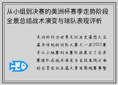 从小组到决赛的美洲杯赛季走势阶段全景总结战术演变与球队表现评析
