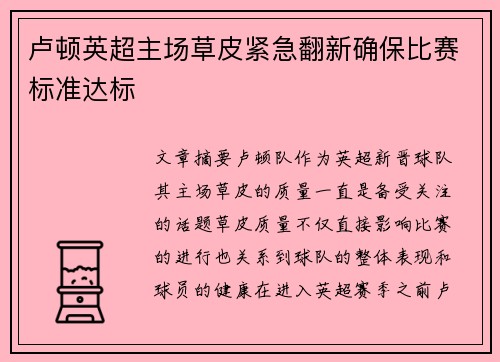 卢顿英超主场草皮紧急翻新确保比赛标准达标 卢顿英超主场草皮紧急翻新确保比赛标准达标
