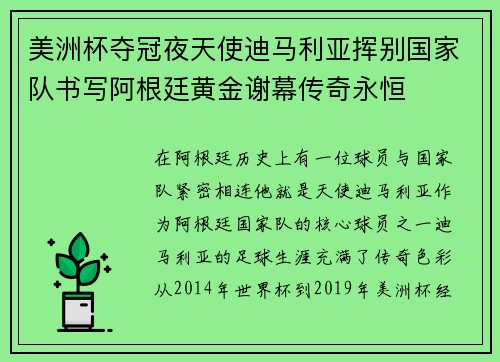 美洲杯夺冠夜天使迪马利亚挥别国家队书写阿根廷黄金谢幕传奇永恒 美洲杯夺冠夜天使迪马利亚挥别国家队书写阿根廷黄金谢幕传奇永恒