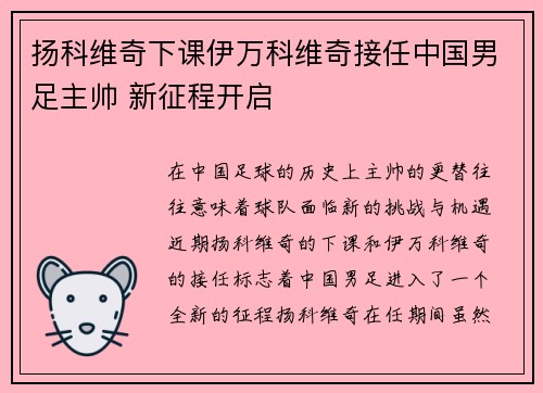 扬科维奇下课伊万科维奇接任中国男足主帅 新征程开启